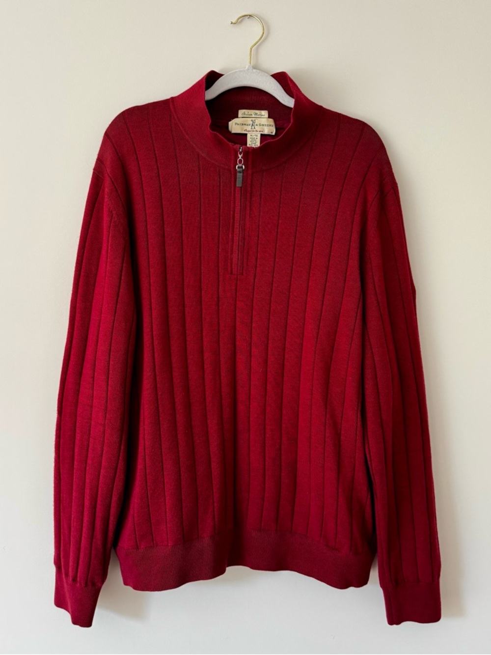 Vintage Fairway & Greene Wool Ribbed Quarter Zip w/ Country Club Logo, Red – XL